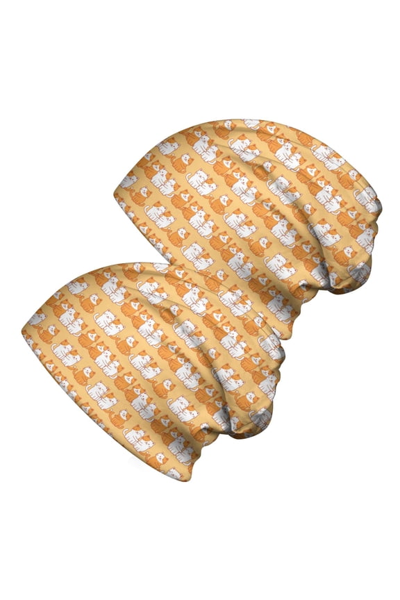 2PCS Stretch Knit Skull Beanie, Hip-Hop Style, Unisex, Lightweight,Cat Group Orange Pattern