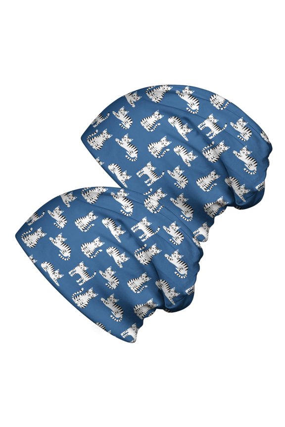 2PCS Stretch Knit Skull Beanie, Hip-Hop Style, Unisex, Lightweight,Cat Striped Blue Pattern
