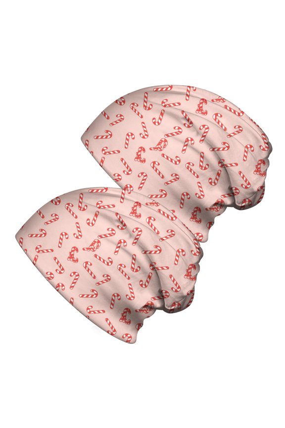 2PCS Stretch Knit Skull Beanie, Hip-Hop Style, Unisex, Lightweight,Christmas Candy Cane Pink Pattern