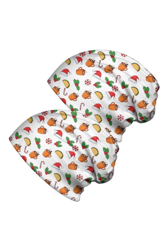 2PCS Stretch Knit Skull Beanie, Hip-Hop Style, Unisex, Lightweight,Christmas Coffee Taco Candy Cane White Pattern