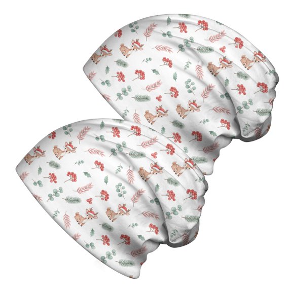 2PCS Stretch Knit Skull Beanie, Hip-Hop Style, Unisex, Lightweight,Christmas Cute Reindeer Face Light Blue Pattern