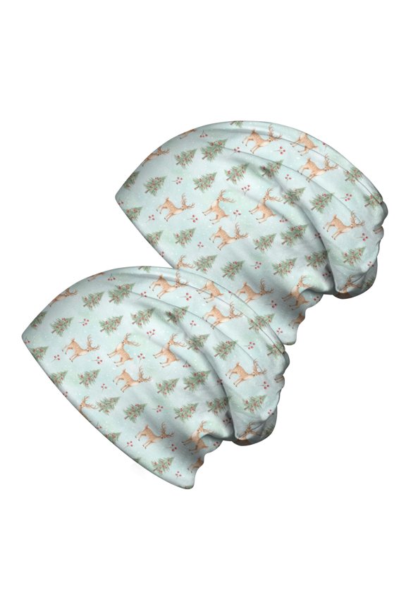 2PCS Stretch Knit Skull Beanie, Hip-Hop Style, Unisex, Lightweight,Christmas Deer Tree Light Blue Pattern