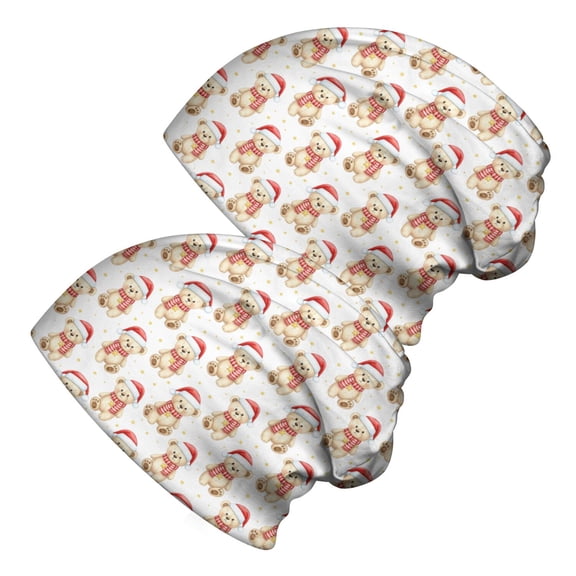2PCS Stretch Knit Skull Beanie, Hip-Hop Style, Unisex, Lightweight,Christmas Festive Teddy Bear Santa Hat White Pattern