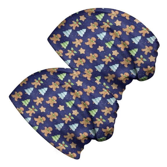 2PCS Stretch Knit Skull Beanie, Hip-Hop Style, Unisex, Lightweight,Christmas Gingerbread Tree Navy Pattern