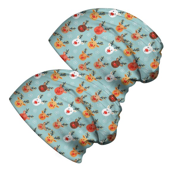 2PCS Stretch Knit Skull Beanie, Hip-Hop Style, Unisex, Lightweight,Christmas Reindeer Face Light Blue Pattern