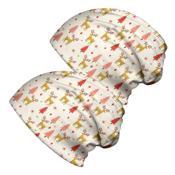2PCS Stretch Knit Skull Beanie, Hip-Hop Style, Unisex, Lightweight,Christmas Reindeer Tree Geometric Beige Pattern