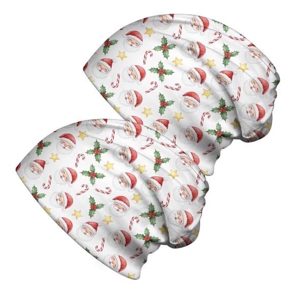 2PCS Stretch Knit Skull Beanie, Hip-Hop Style, Unisex, Lightweight,Christmas Santa Candy Cane Holly Star White Pattern
