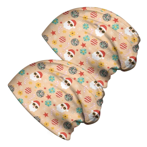 2PCS Stretch Knit Skull Beanie, Hip-Hop Style, Unisex, Lightweight,Christmas Santa Disco Ball Peach Pattern