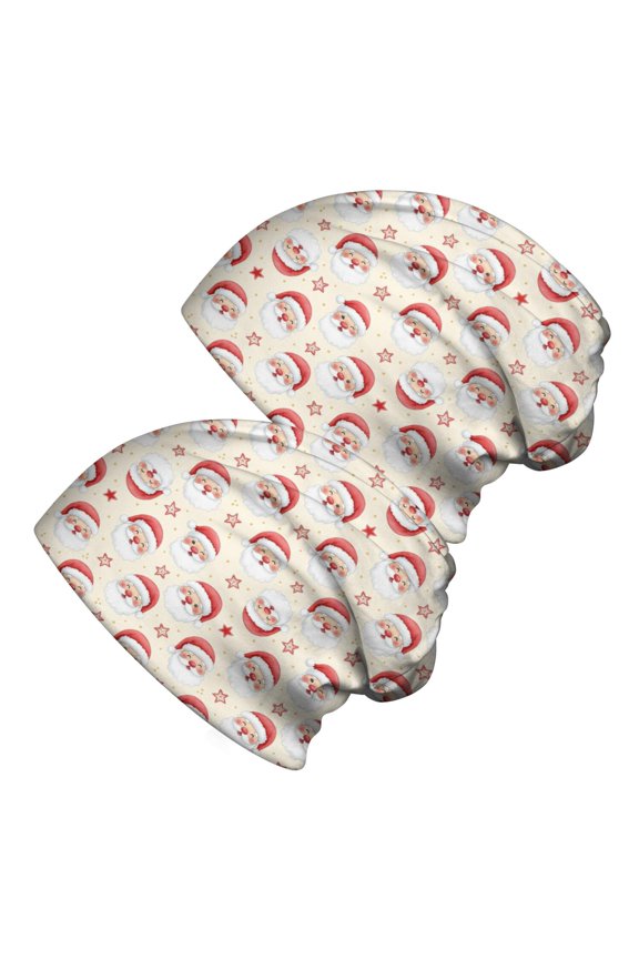 2PCS Stretch Knit Skull Beanie, Hip-Hop Style, Unisex, Lightweight,Christmas Santa Face Star Beige Pattern