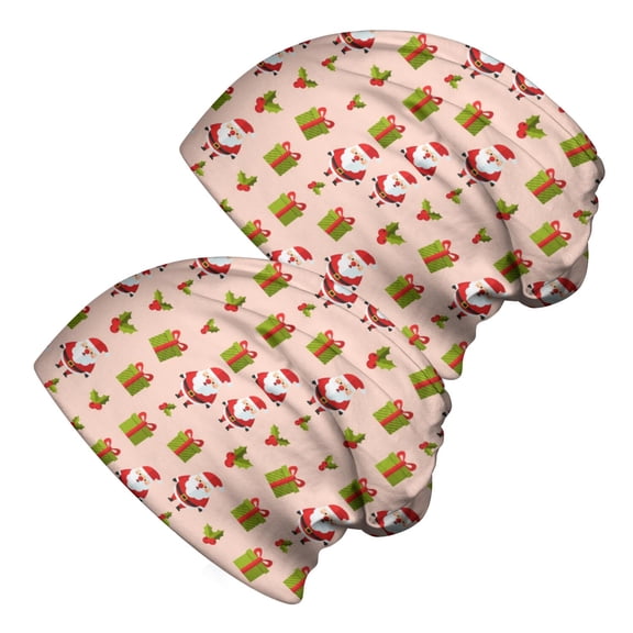 2PCS Stretch Knit Skull Beanie, Hip-Hop Style, Unisex, Lightweight,Christmas Santa Gift Holly Beige Pattern