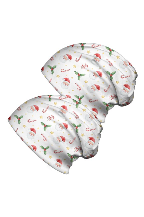 2PCS Stretch Knit Skull Beanie, Hip-Hop Style, Unisex, Lightweight,Christmas Santa Holly Candy Cane White Pattern