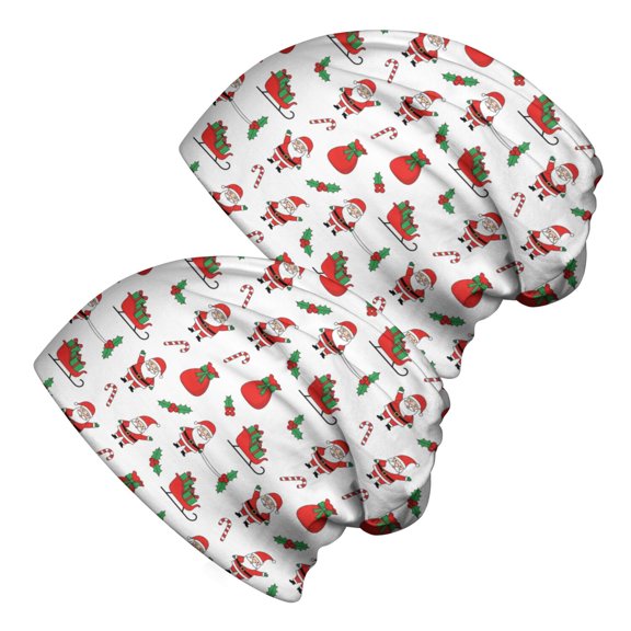 2PCS Stretch Knit Skull Beanie, Hip-Hop Style, Unisex, Lightweight,Christmas Santa Sleigh Gift Red Pattern