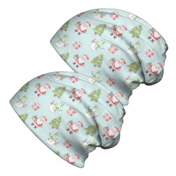 2PCS Stretch Knit Skull Beanie, Hip-Hop Style, Unisex, Lightweight,Christmas Santa Snowman Tree Gift Light Blue Pattern