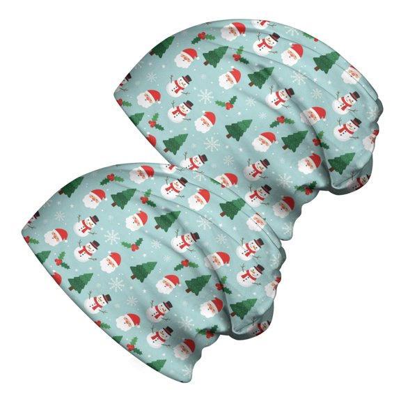 2PCS Stretch Knit Skull Beanie, Hip-Hop Style, Unisex, Lightweight,Christmas Santa Snowman Tree Light Blue Pattern