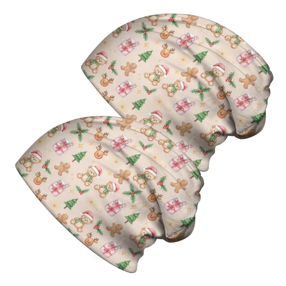 2PCS Stretch Knit Skull Beanie, Hip-Hop Style, Unisex, Lightweight,Christmas Teddy Bear Gingerbread Reindeer Beige Pattern