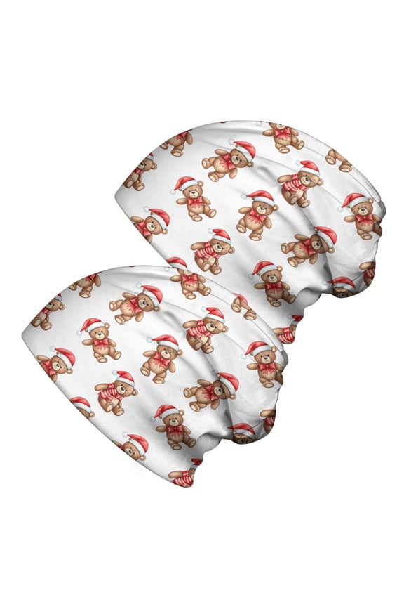 2PCS Stretch Knit Skull Beanie, Hip-Hop Style, Unisex, Lightweight,Christmas Teddy Bear Santa Hat White Pattern