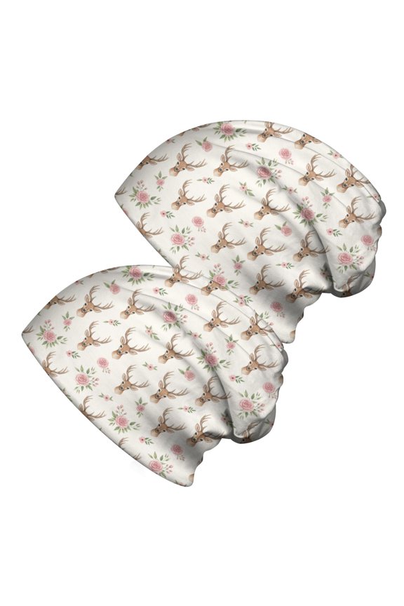 2PCS Stretch Knit Skull Beanie, Hip-Hop Style, Unisex, Lightweight,Deer Floral Antler Beige Pattern