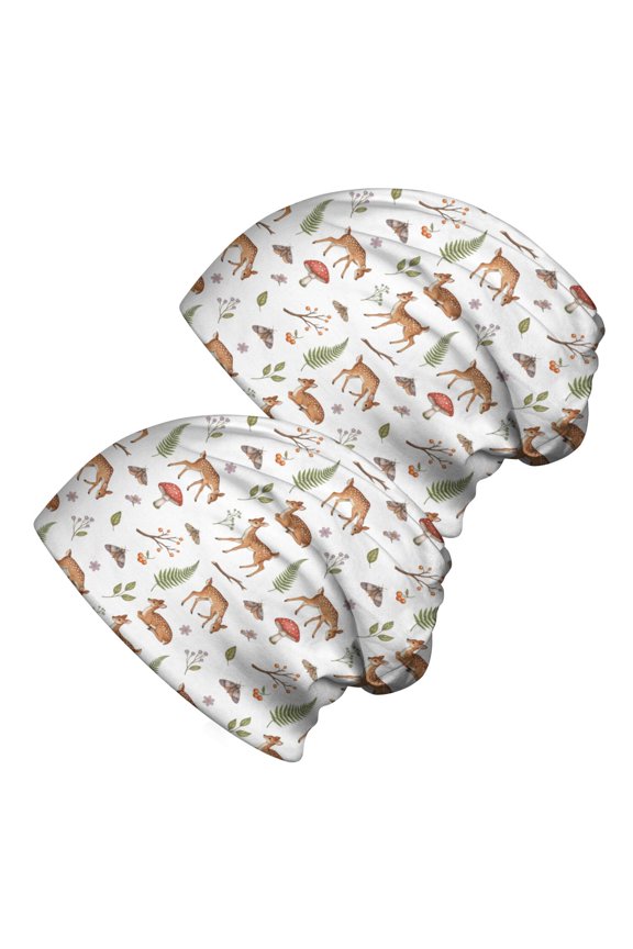 2PCS Stretch Knit Skull Beanie, Hip-Hop Style, Unisex, Lightweight,Deer Forest Mushroom White Pattern