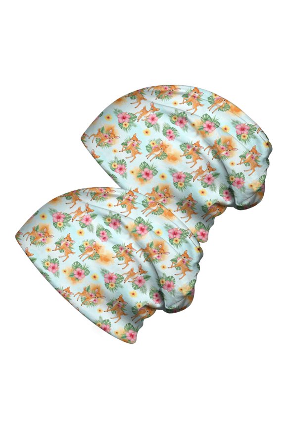 2PCS Stretch Knit Skull Beanie, Hip-Hop Style, Unisex, Lightweight,Deer Tropical Floral Light Blue Pattern