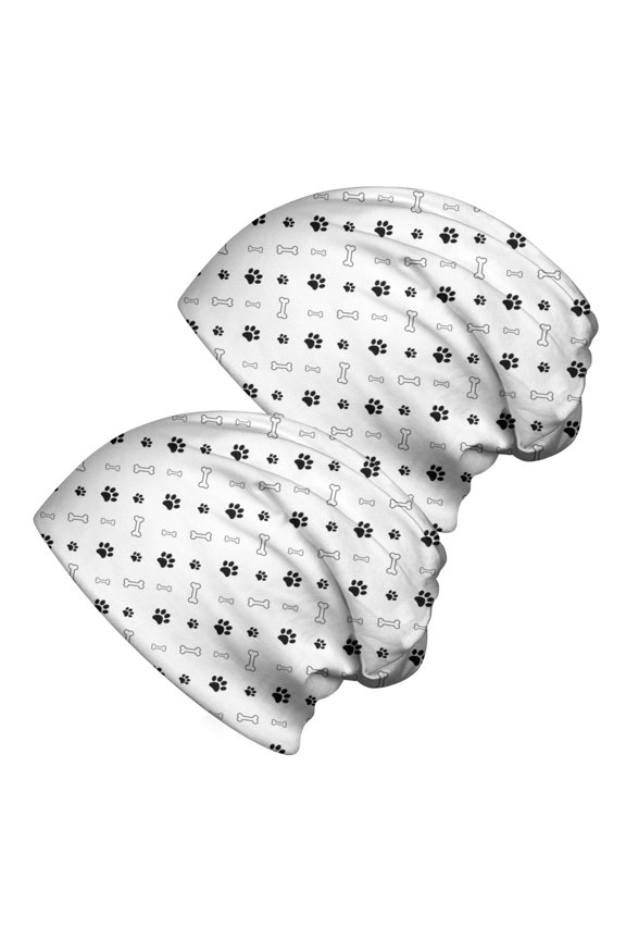 2PCS Stretch Knit Skull Beanie, Hip-Hop Style, Unisex, Lightweight,Dog Paw Bone Black White Pattern