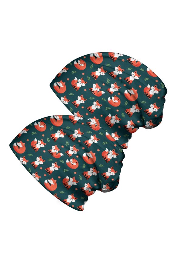 2PCS Stretch Knit Skull Beanie, Hip-Hop Style, Unisex, Lightweight,Fox Floral Leaf Dark Green Pattern