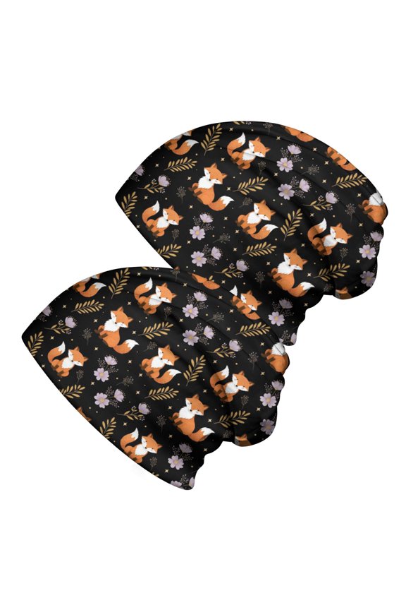 2PCS Stretch Knit Skull Beanie, Hip-Hop Style, Unisex, Lightweight,Fox Floral Star Black Pattern
