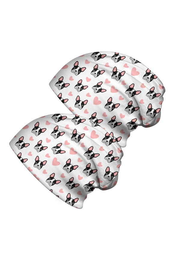 2PCS Stretch Knit Skull Beanie, Hip-Hop Style, Unisex, Lightweight,French Bulldog Face Heart White Pattern