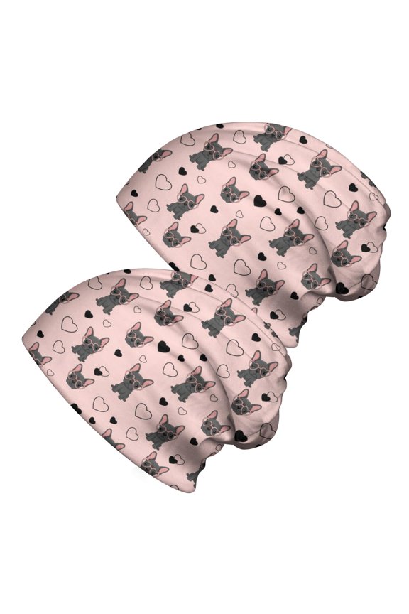 2PCS Stretch Knit Skull Beanie, Hip-Hop Style, Unisex, Lightweight,French Bulldog Glasses Heart Pink Pattern