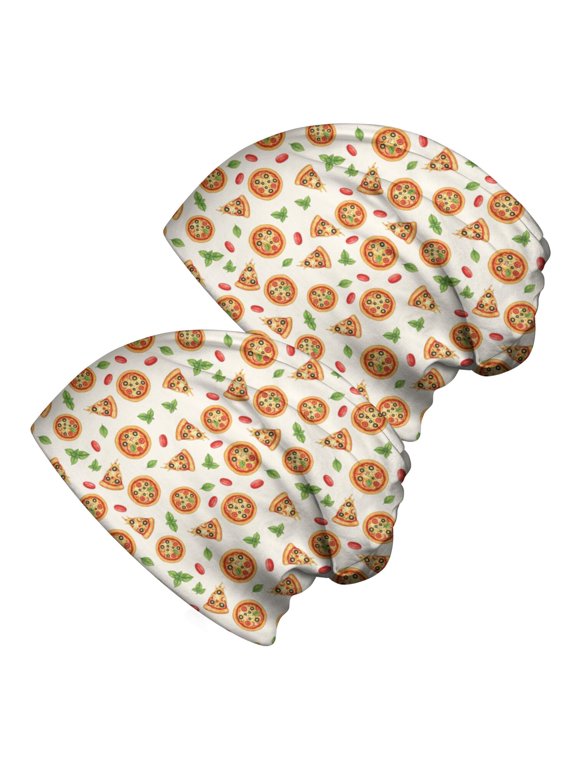 2PCS Stretch Knit Skull Beanie, Hip-Hop Style, Unisex, Lightweight,Pizza Bean Tomato Cream Mixed Tiny Food Seamless