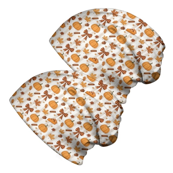 2PCS Stretch Knit Skull Beanie, Hip-Hop Style, Unisex, Lightweight,Pumpkin Bow Maple Stripe Neutral Autumn Seamless