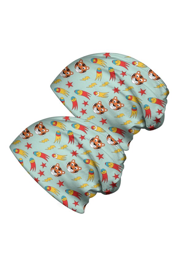 2PCS Stretch Knit Skull Beanie, Hip-Hop Style, Unisex, Lightweight,Tiger Comic Element Light Blue Pattern