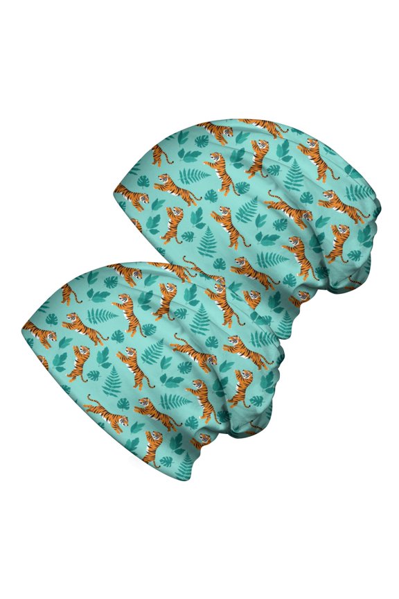 2PCS Stretch Knit Skull Beanie, Hip-Hop Style, Unisex, Lightweight,Tiger Running Leaf Light Teal Pattern