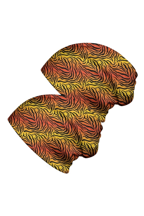 2PCS Stretch Knit Skull Beanie, Hip-Hop Style, Unisex, Lightweight,Tiger Striped Gradient Orange Pattern