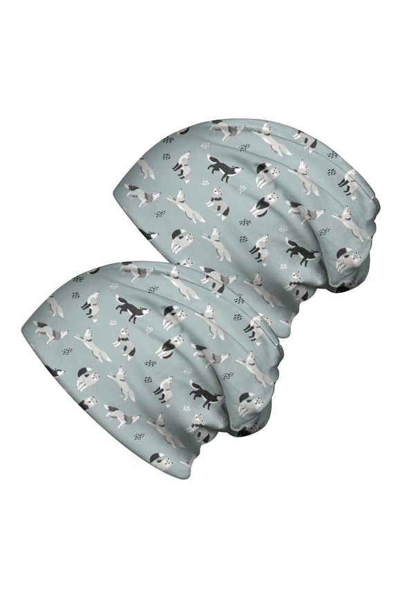 2PCS Stretch Knit Skull Beanie, Hip-Hop Style, Unisex, Lightweight,Wolf Geometric Gray Pattern