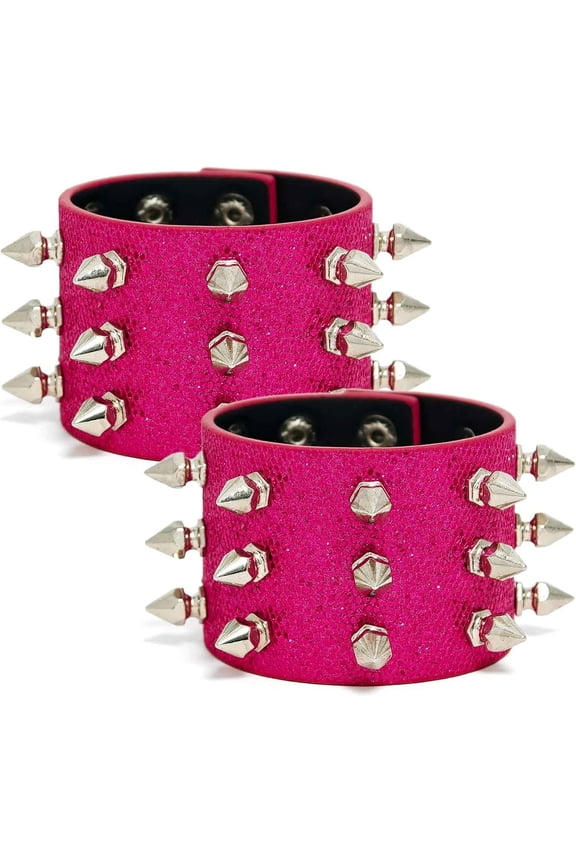 2PCS Studded Bracelet Punk Spiked Wristband Goth Wide Strap Leather Bracelets, Crystal, Style F1806