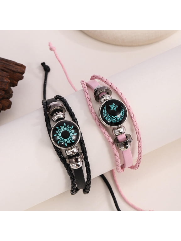 2PCS Sun Moon Braided Bracelets Adjustable Couple Bracelet Multi-Layered Beaded Bracelet Valentine's Day Jewelry Men Women Gifts