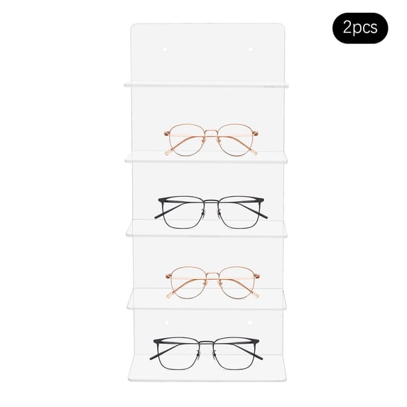 2PCS Sunglasses Holder Rack, 5 Tier Eye Glasses Shelf, Wall Mounted Sunglasses Holder Rack, Clear Acrylic Eye Glasses Shelf