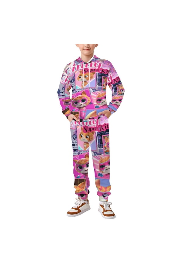 2PCS Super Anime Kitty Tracksuit Outfit Hoodie Sweatshirt & Jogger Pant For Boys Girls