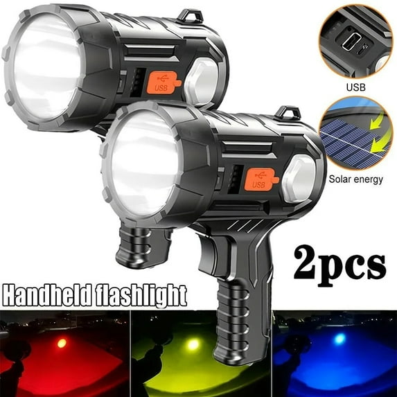2PCS Super Bright Solar/USB Rechargeable LED Spotlight Flashlight Searchlight, Durable, Waterproof, Multi-Purpose