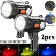2PCS Super Bright Solar/USB Rechargeable LED Spotlight Flashlight Searchlight, Durable, Waterproof, Multi-Purpose