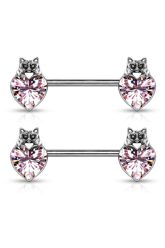2PCS Surgical Steel 14G Nipple Barbells Rings Black Cat Eye Crystal Pink CZ Heart Nipple Bar Piercing Jewelry 14mm 9/16 Inch