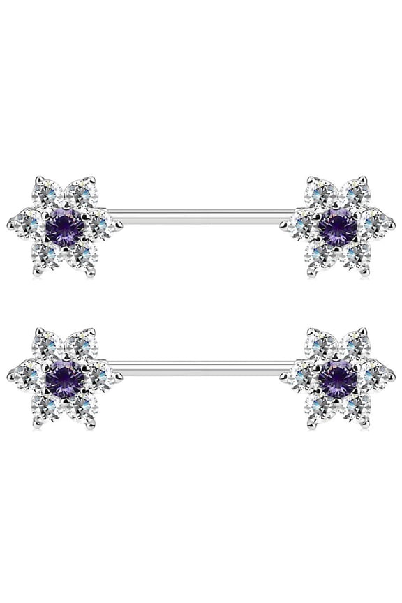 2PCS Surgical Steel 14G Nipple Ring CZ Tanzanite Zirconia Flower Nipple Shield Piercing Barbell Bar Jewelry 16mm 5/8"