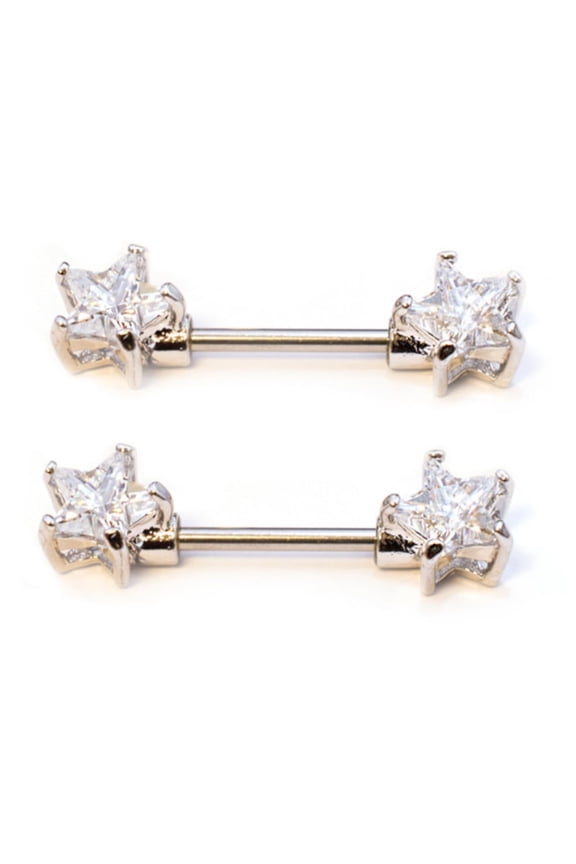2PCS Surgical Steel 14G Nipple Rings for Women Crystal Clear Star CZ Nipple Barbell Piercing Bar 12mm 1/2 Inch