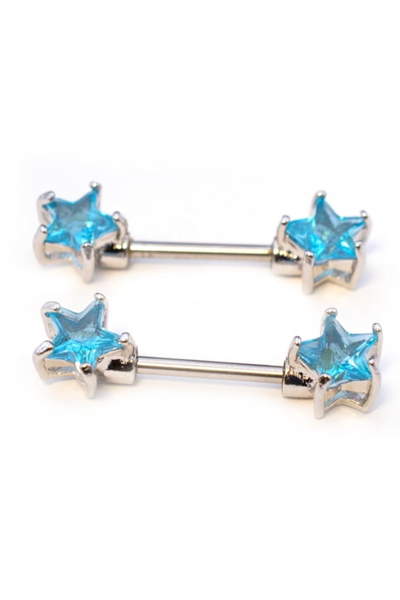 2PCS Surgical Steel 14G Women Nipple Rings CZ Star Blue Crystal Nipple Shield Barbell Piercing Bar 12mm 1/2 Inch