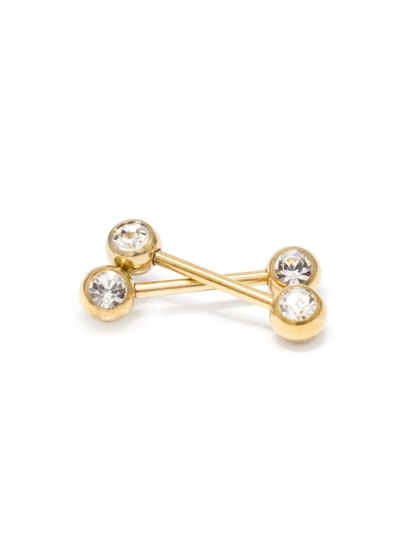2PCS Surgical Steel PVD Gold 14G Nipple Rings Bars Crysta Clear CZ Nipple Barbells Tongue Piercing Jewelry 14mm 9/16 Inch