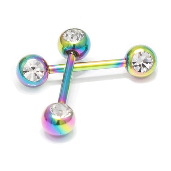 2PCS Surgical Steel PVD Rainbow 14G Nipple Ring Clear Crysta Ball CZ Nipple Barbell Tongue Piercing Jewelry 14mm 9/16 Inch