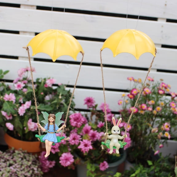 2PCS Swinging Fairy Bunny Statues with Luminous Resin Skydiving Figurine with Yellow Parachute Fairy Rabbit on a Swing Hanging Sculpture for Yard Lawn Patio Balcony Decorations