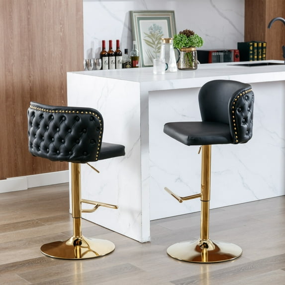 PU Leather Swivel Bar Stools Set of 2 with Footrest & Metal Base, Adjusatble Counter Height Bar Chairs with Button Tufted Back & Rivets Trim, Upholstered Dining Chairs for Bar, Kitchen, Black+Golden