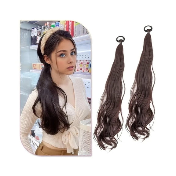 2PCS Synthetic Ponytail Extension with Elastic Tie 22 Inch Long Natural Wavy Pony Tail Fake Hairpieces for Women