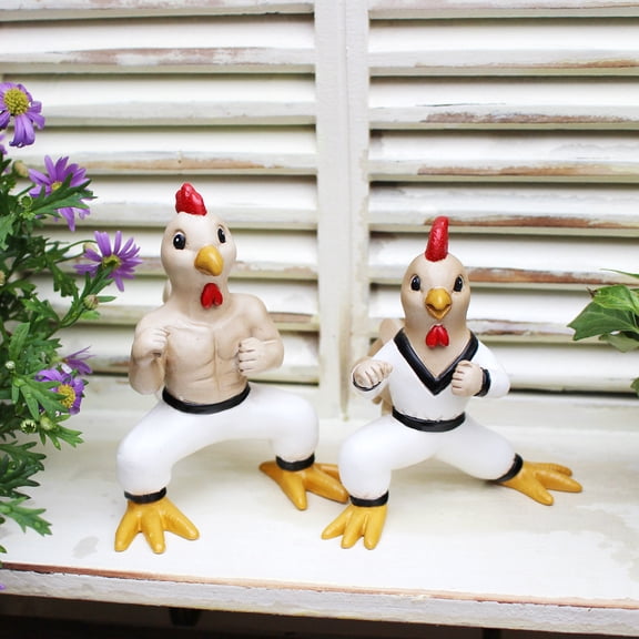 2PCS Taekwondo Rooster Statue Resin Rooster Coach and Student Figurines Funny Cartoon Farm Animals Table Art Sculpture Rustic Country Kitchen Countertop Ornament